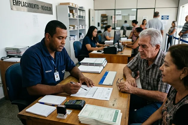 Despachante ajudando clientes no emplacamento de veículos.